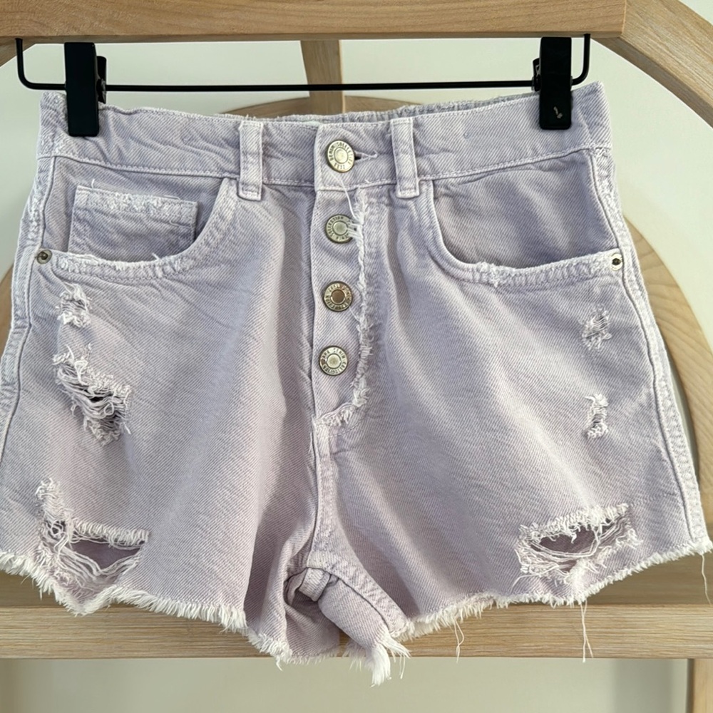 Zara Purple High-Waisted Distressed Shorts